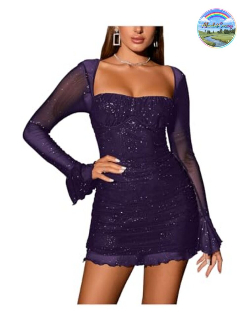 Sheer Long Sleeve Sequin Bodycon Mini Dress Ruched Mesh Party Club Dress